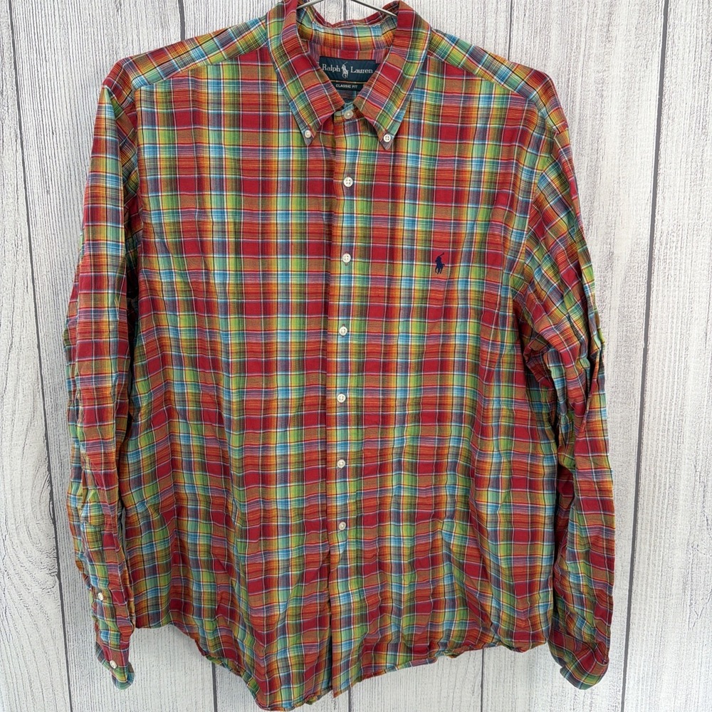 Ralph Lauren Shirt Men's XXL Classic Fit Madras Plaid 100% Cotton Button-Down